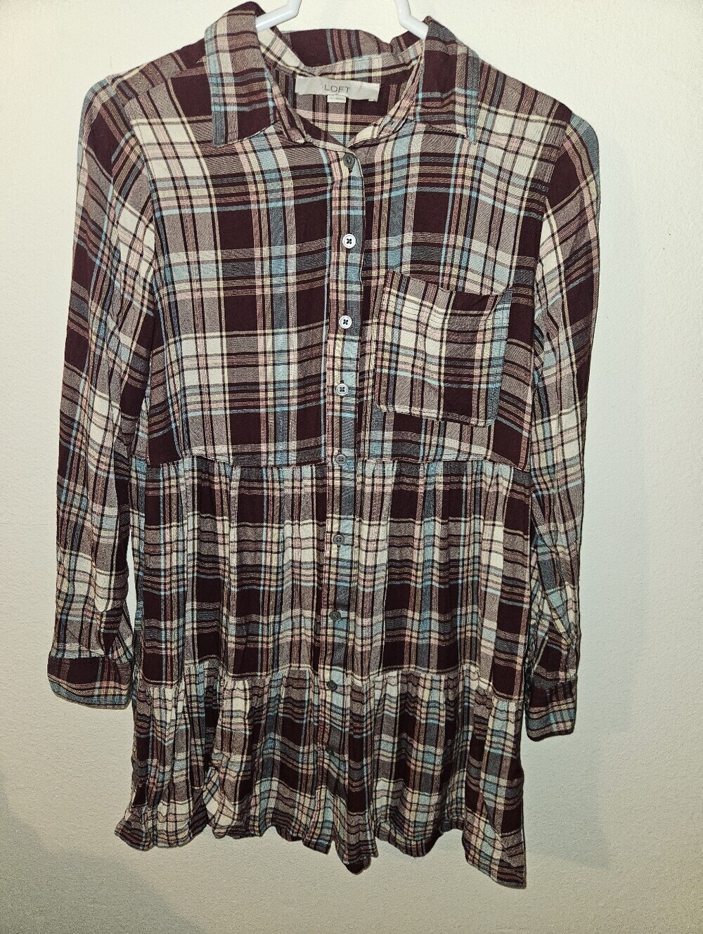 Loft Womans Plaid Button Down Long Sleeve Tunic Blouse Size L